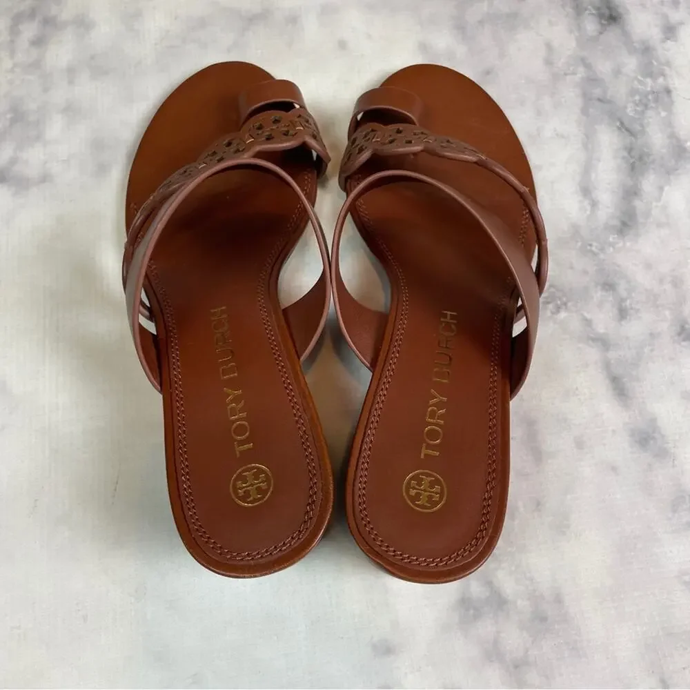 Tory Burch Tiny Miller Toe Ring Laser Cut Sandals Block Heel Slides NWOB Sz 10